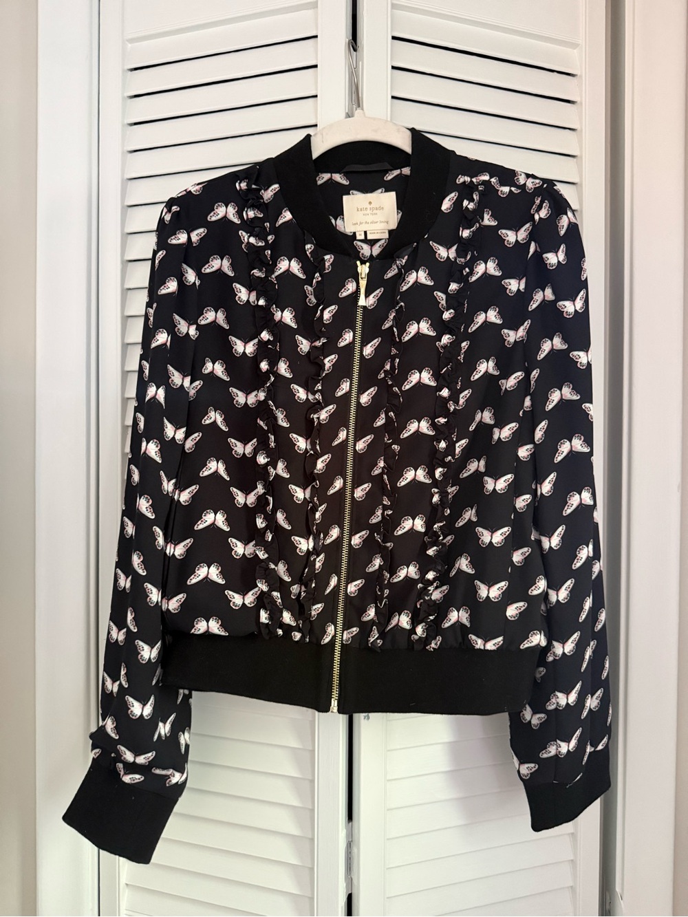 kate spade Black Butterfly-Print Bomber Jacket with Gold Zip